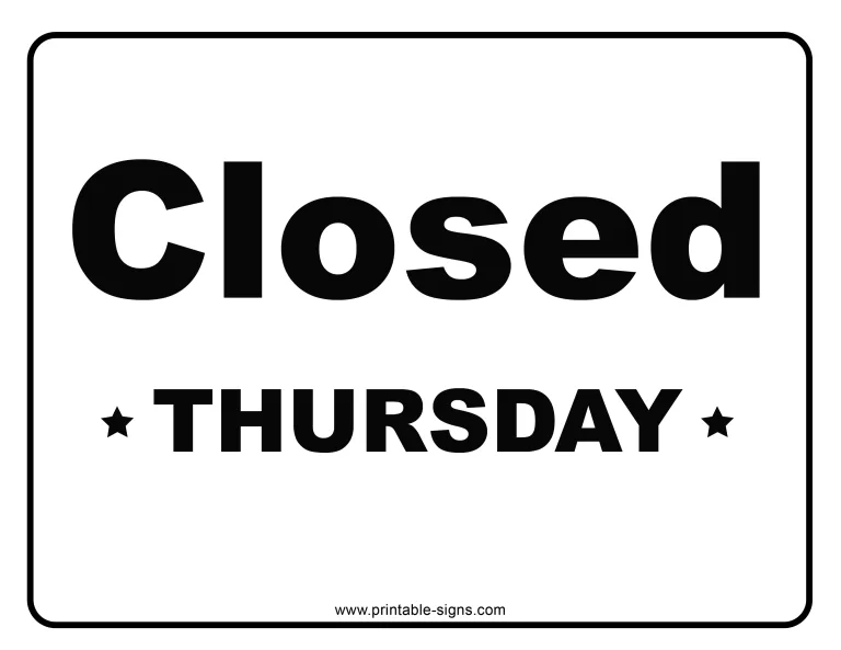 Closed Thursday Printable Sign