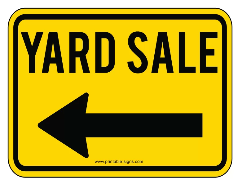 Free Printable Yard Sale Sign Template Yellow with Left Arrow