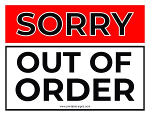 Sorry Out of Order Printable Sign Red