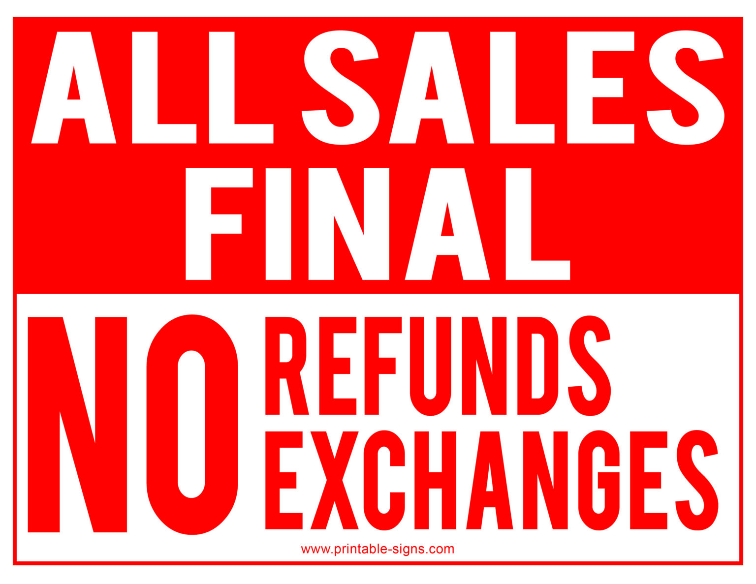 No refund printable signs printable signs