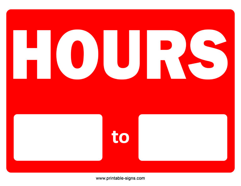 Hours Printable Sign Red