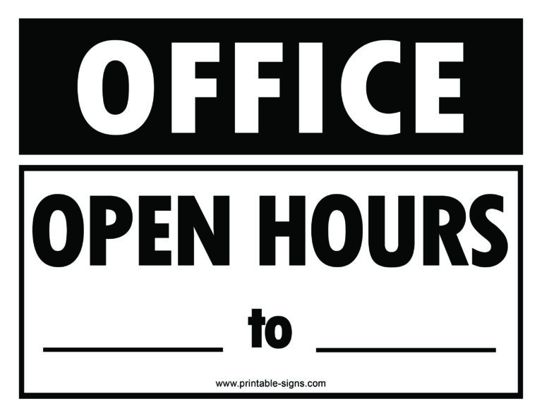 Office Open Hours Printable Sign