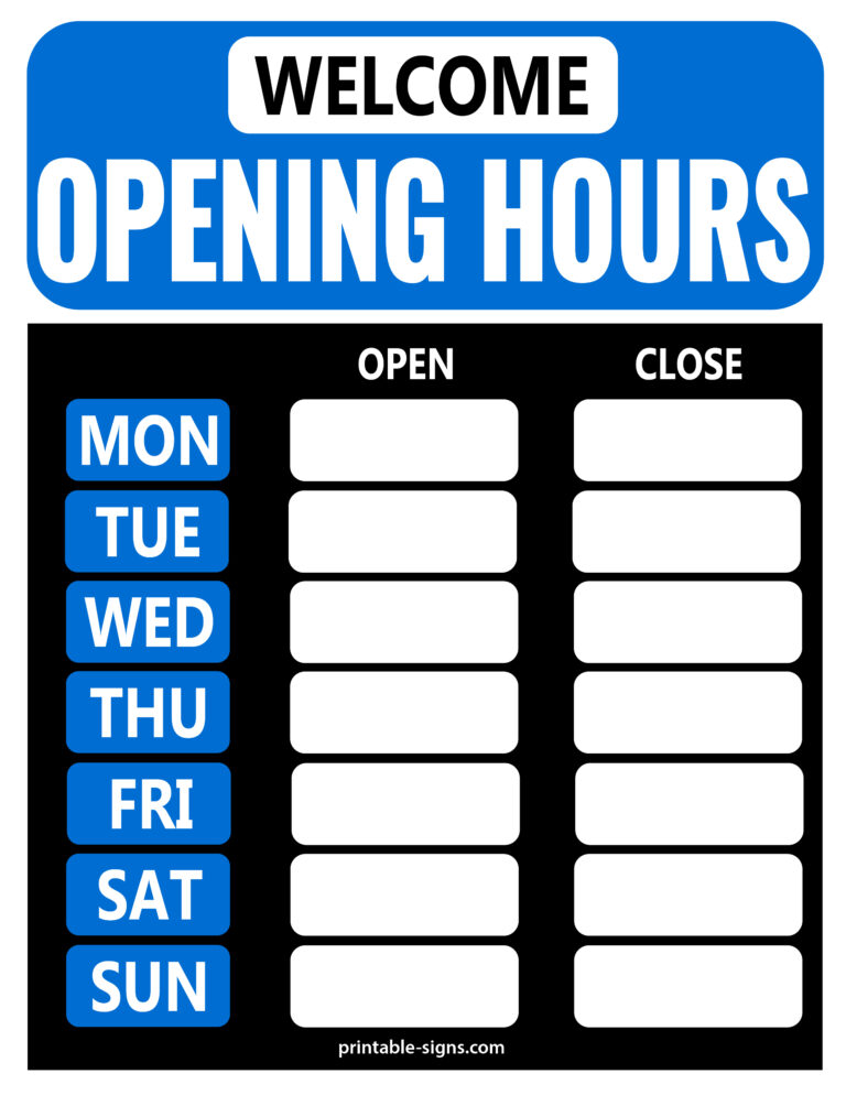 Opening Hours Printable Sign Blue Black